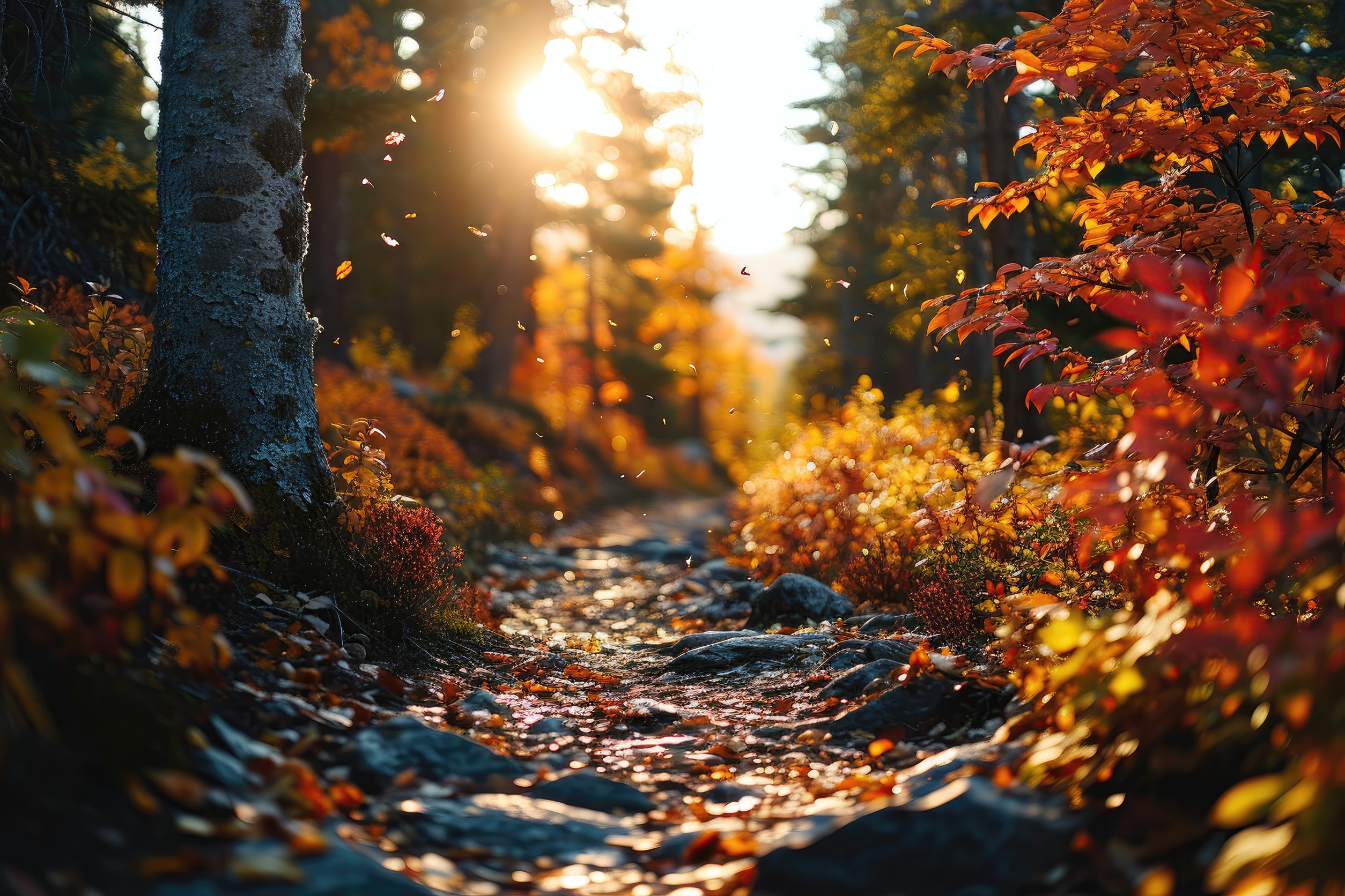path in the forest during autumn at colorful sunset