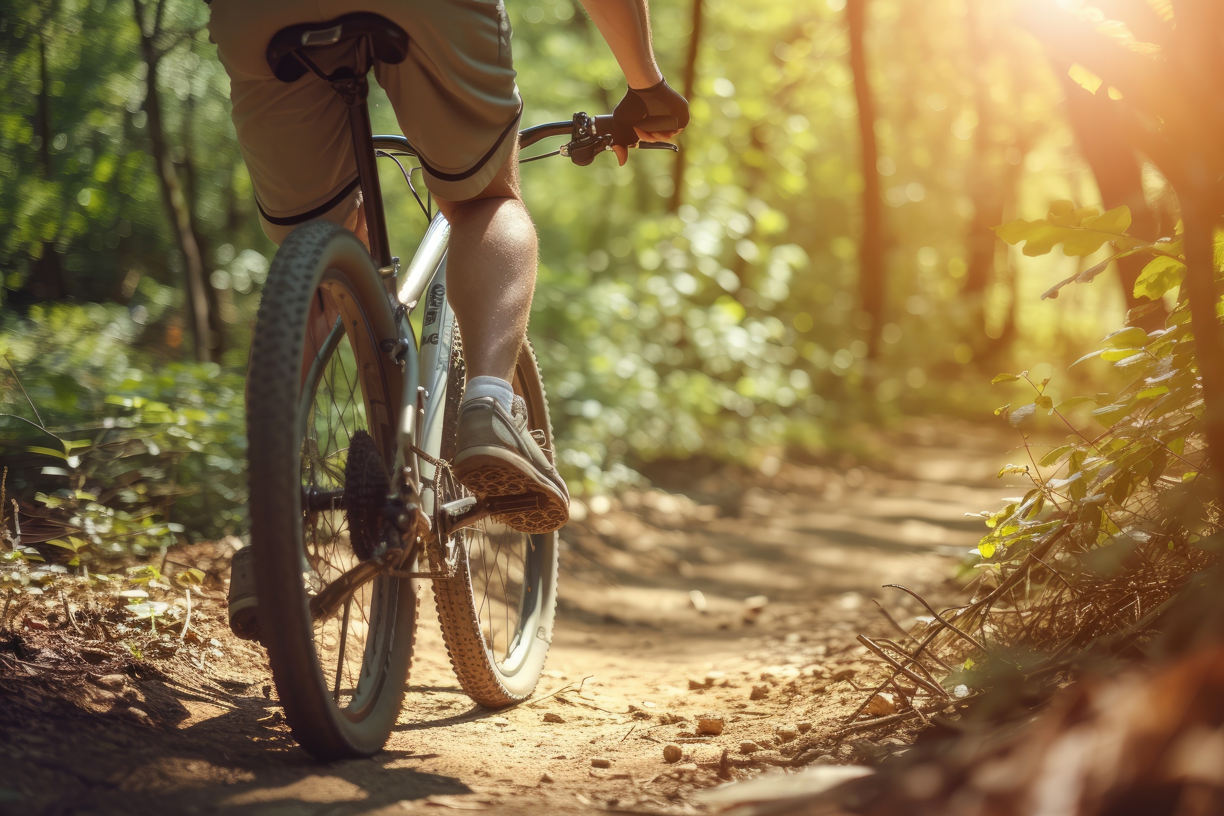 Young man riding bicycle on mountain trail sport