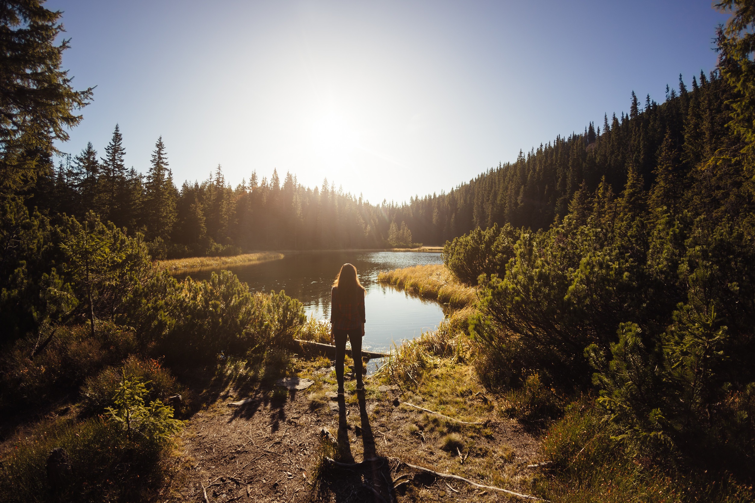Silhouette of Woman at Lakeside in Carpathian Mountains at Dawn